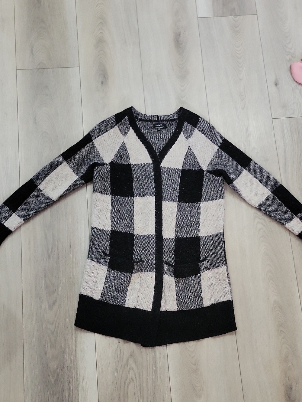 Lucky Brand Black and Cream Plaid Open-Front Cardigan
